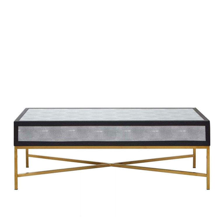 Cadio Coffee Table - 2 Drawer - Grey Faux Shagreen with Gold Legs