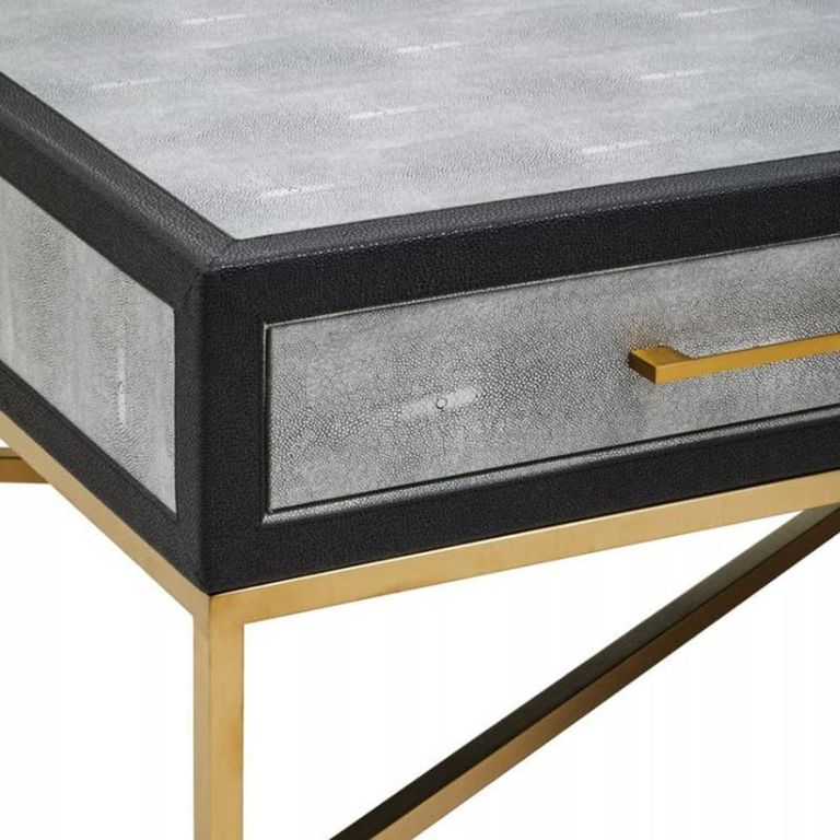 Cadio Coffee Table - 2 Drawer - Grey Faux Shagreen with Gold Legs