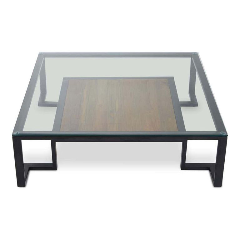 Cibo Coffee Table - Square - Clear Glass with Black Metal - with Shelf