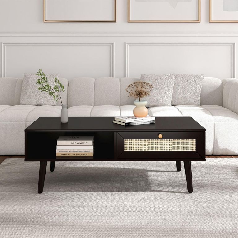Clearance - Ferrero Black and Woven Rattan 1 Drawer Coffee Table
