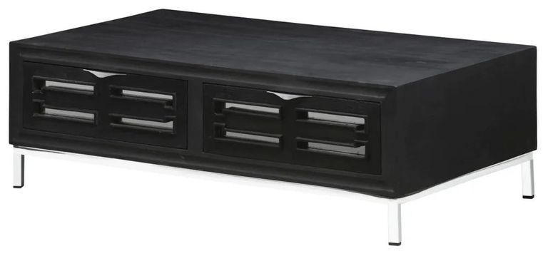 Clearance - Geo Black Painted Mirrored Storage Coffee Table, Solid Mango Wood with Stainless Steel Chrome Base - 2 Drawers - Brand New Item