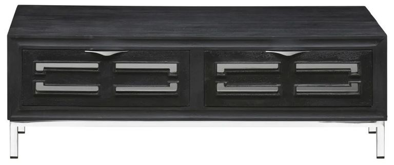 Clearance - Geo Black Painted Mirrored Storage Coffee Table, Solid Mango Wood with Stainless Steel Chrome Base - 2 Drawers - Brand New Item