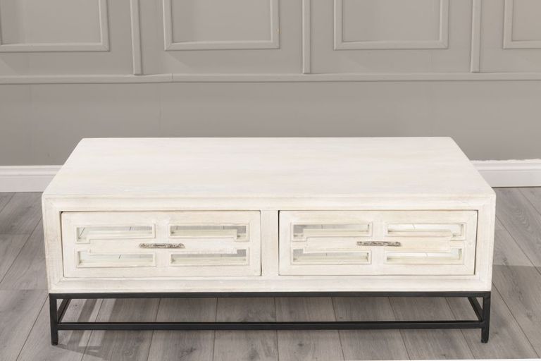 Clearance - Geo White Mirrored Coffee Table - 2 Drawer - Brand New Item