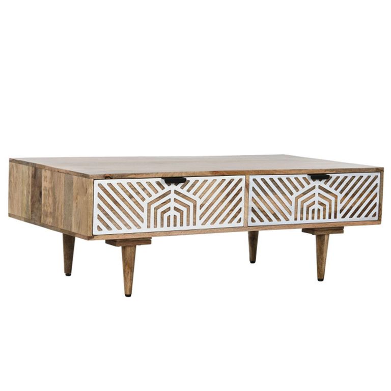Clearance - Guna Mango Wood White Geometric Printed 2 Drawer Coffee Table - FSS16353