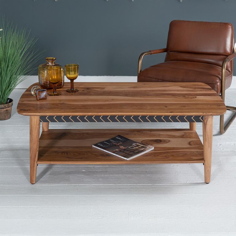 Clearance - Luxuria Sheesham Wood 115cm Coffee Table with Black Geometric Trim - Brand New Item