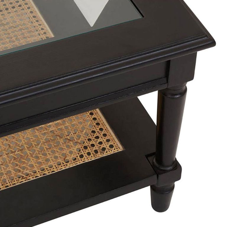 Corso Coffee Table - Clear Glass with Black Wood and Rattan Shelf
