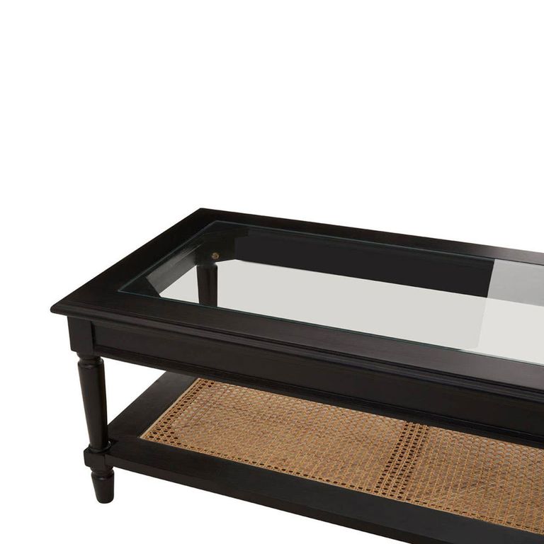 Corso Coffee Table - Clear Glass with Black Wood and Rattan Shelf