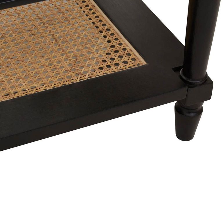 Corso Coffee Table - Clear Glass with Black Wood and Rattan Shelf