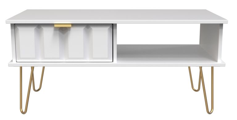 Cube White 1 Drawer Coffee Table with Gold Hairpin Legs
