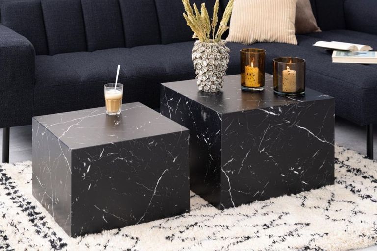 Dice Coffee Table - Round - Black Marble Effect - Set of 2