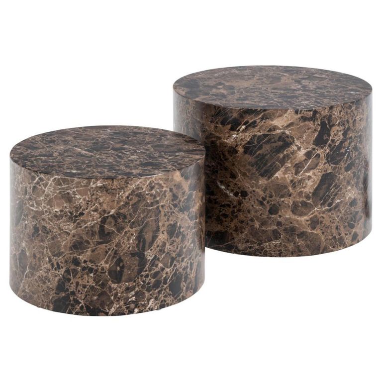 Dice Coffee Table - Round - Brown Marble Effect - Set of 2
