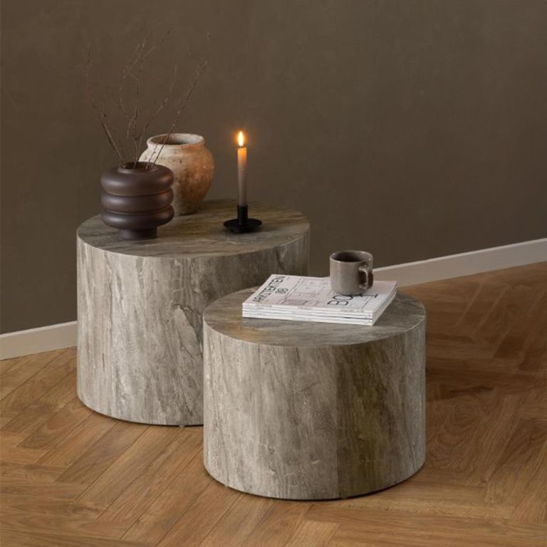 Dice Coffee Table - Round - Grey Marble Effect - Set of 2