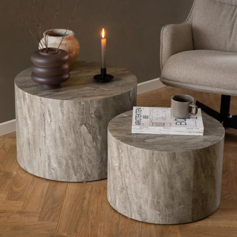 Dice Coffee Table - Round - Grey Marble Effect - Set of 2