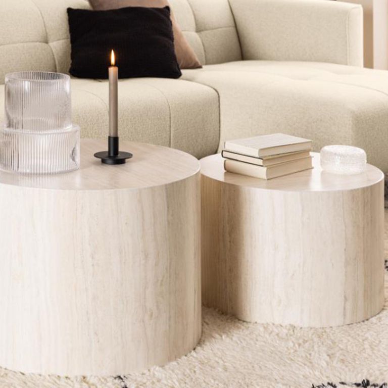 Dice Coffee Table - Round - Travertine Effect - Set of 2