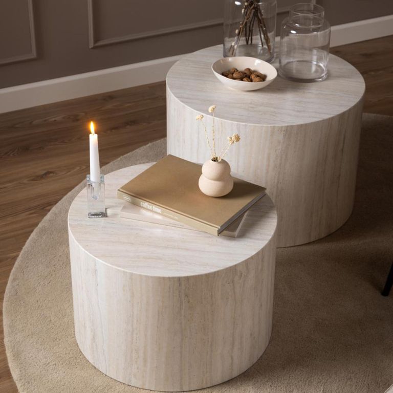 Dice Coffee Table - Round - Travertine Effect - Set of 2