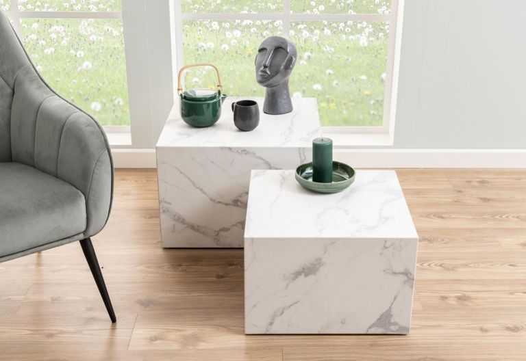 Dice Coffee Table - Round - White Carrara Marble Effect - Set of 2