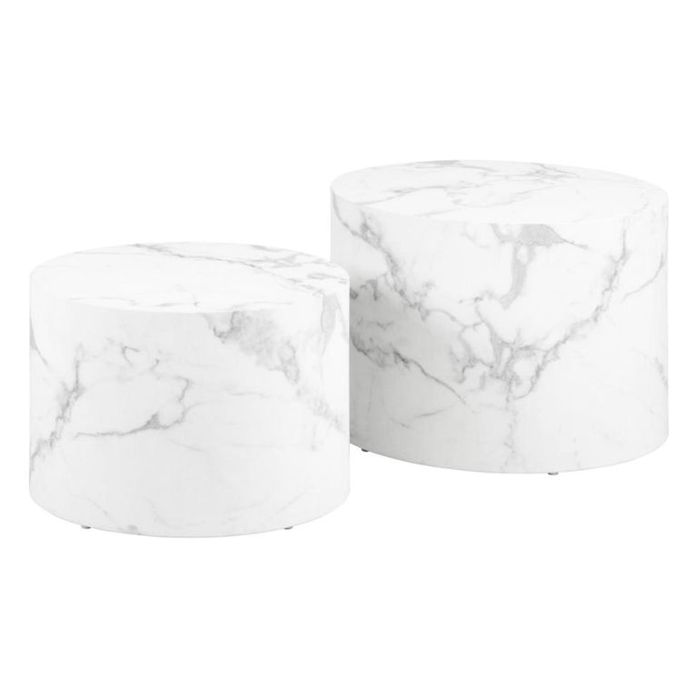 Dice Coffee Table - Round - White Marble Effect - Set of 2