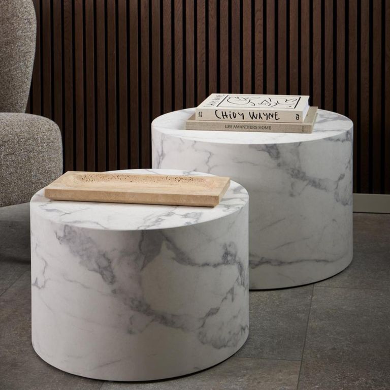 Dice Coffee Table - Round - White Marble Effect - Set of 2