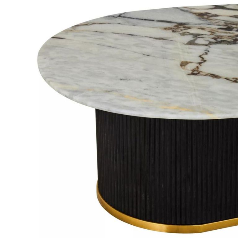 Doha Coffee Table - White Marble Oval with Black Fluted Base