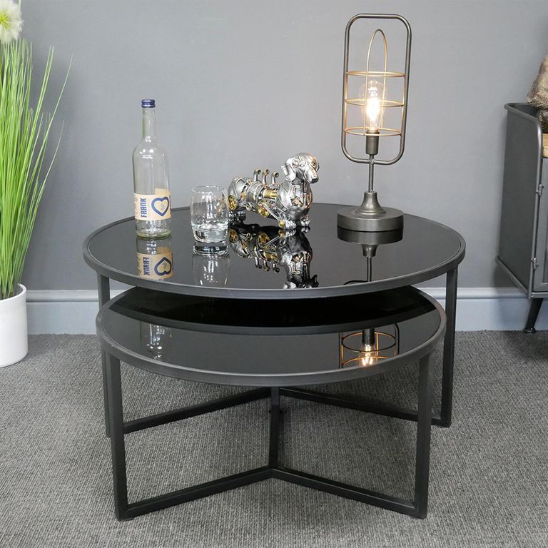 Coffee Table - Round - Black Glass and Metal - Set of 2