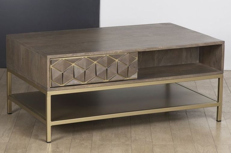 Elyse Mango Wood Coffee Table with Shelf - Geometric