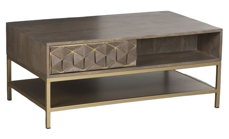 Elyse Mango Wood Coffee Table with Shelf - Geometric
