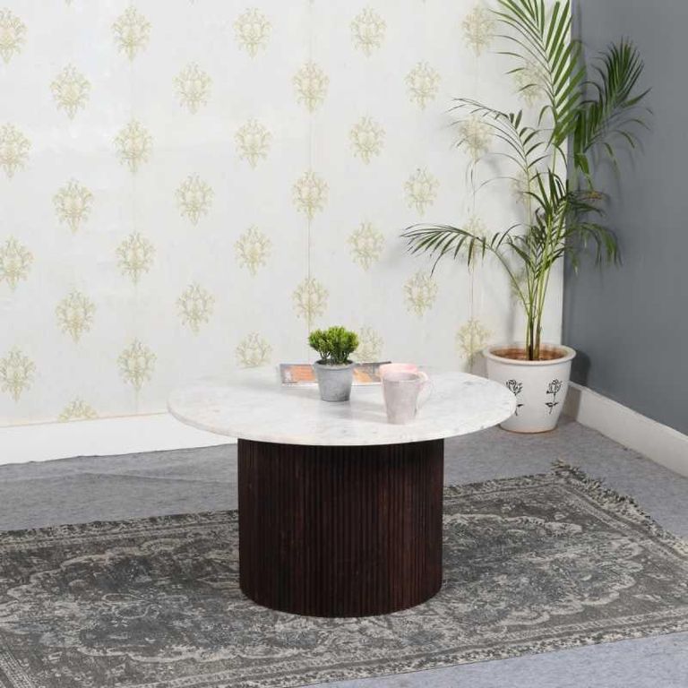 Fluted White Marble Top Round Coffee Table