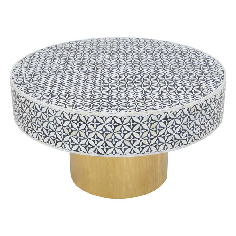 Fusion Coffee Table - White Bone Inlay - Round with Gold Base
