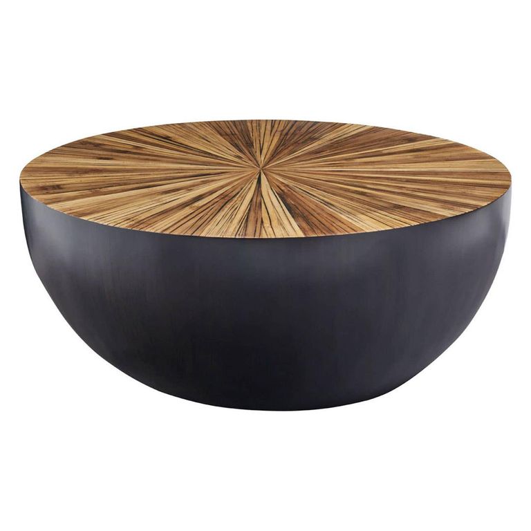 Gabo Coffee Table - Large Round Drum - Parquet Wood with Black Base