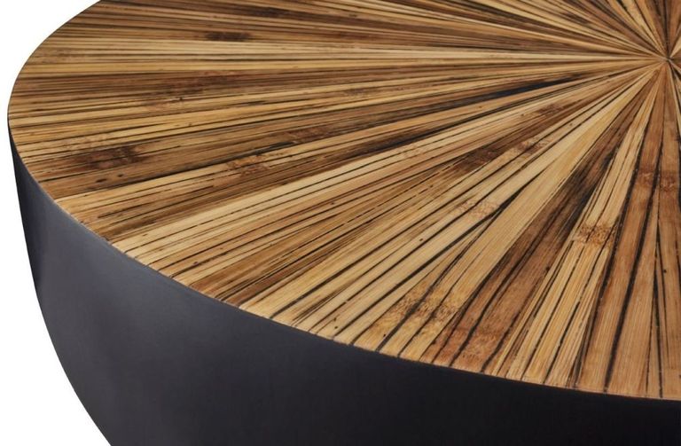 Gabo Coffee Table - Large Round Drum - Parquet Wood with Black Base