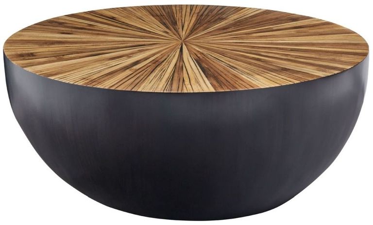 Gabo Coffee Table - Small Round Drum - Parquet Wood with Black Base