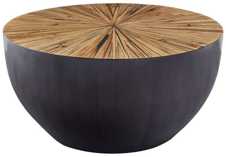 Gabo Coffee Table - Small Round Drum - Parquet Wood with Black Base