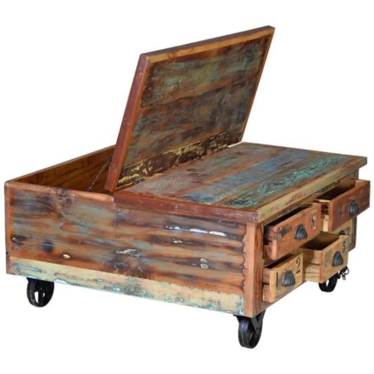 Gerber Coffee Table - Recycled Wood - Square Cart Style