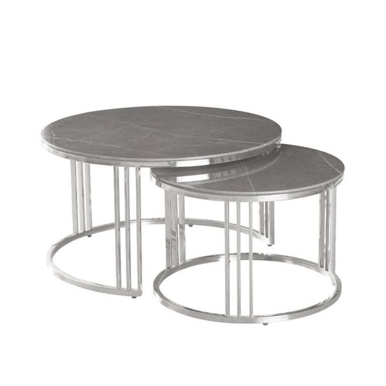 Coffee Table - Round - Grey Glass and Chrome - Set of 2