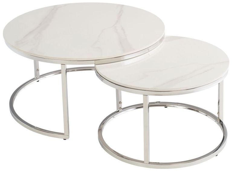 Hanson Italy White Sintered Stone and Chrome Round Coffee Table - Set of 2