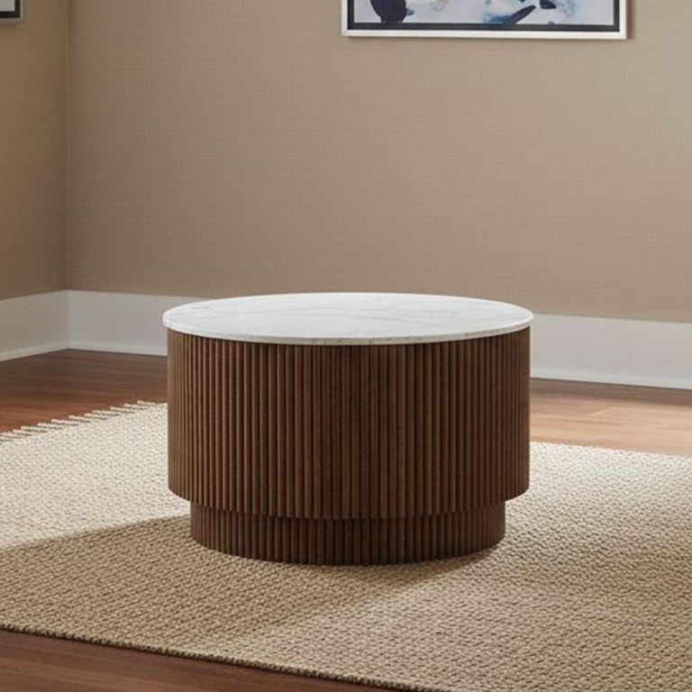 Harvard Coffee Table - Round Fluted - White Marble Top