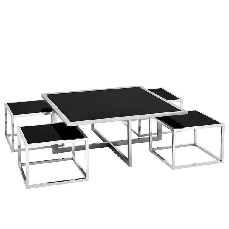 Horizon Coffee Table Set - Square - Black Glass with Silver Metal