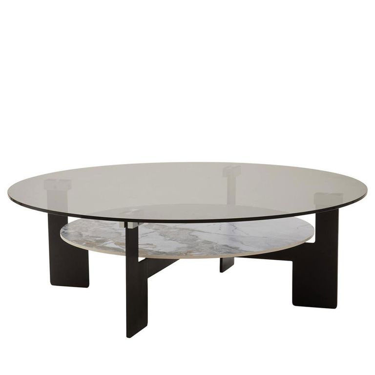 Imperia Coffee Table - Grey Glass - Round - Large - with Shelf