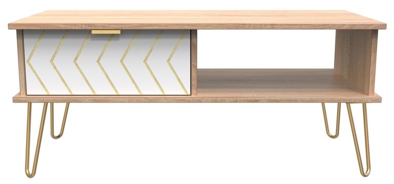 Jigsaw White and Oak Effect 1 Drawer Coffee Table with Gold Hairpin Legs