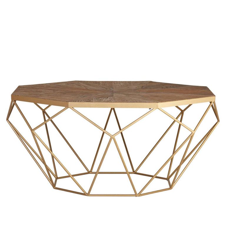 Jodi Coffee Table - Octagonal - Elm Wood and Gold Metal
