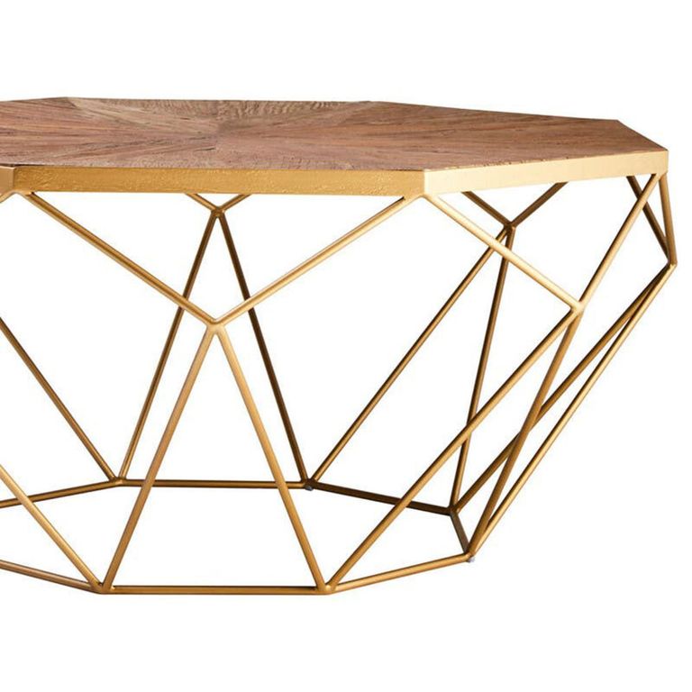 Jodi Coffee Table - Octagonal - Elm Wood and Gold Metal