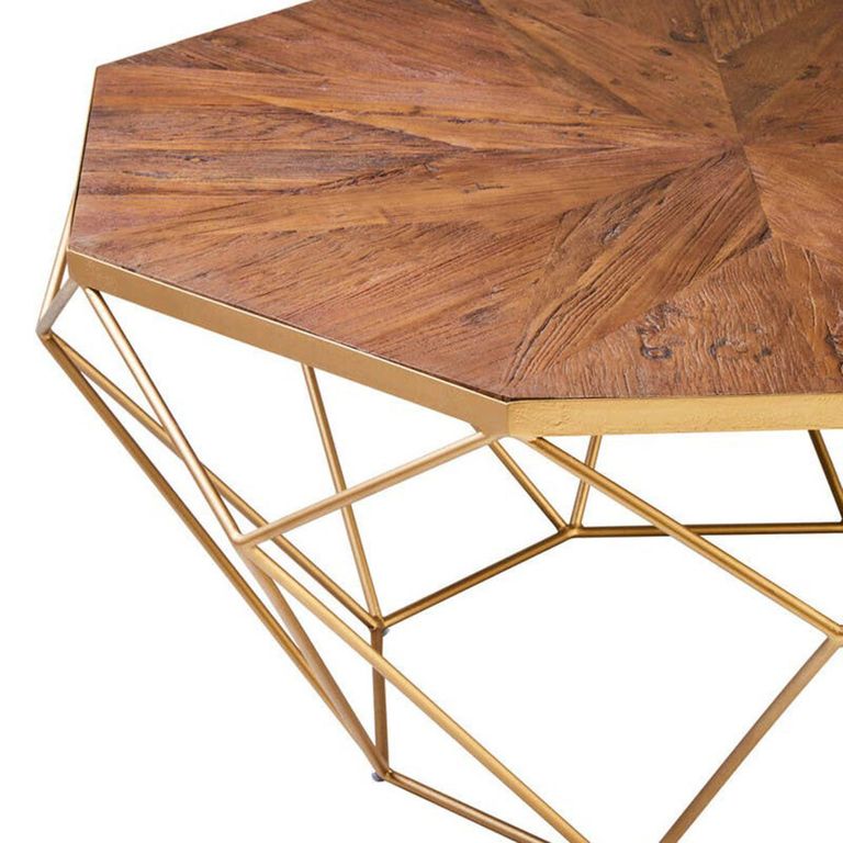 Jodi Coffee Table - Octagonal - Elm Wood and Gold Metal