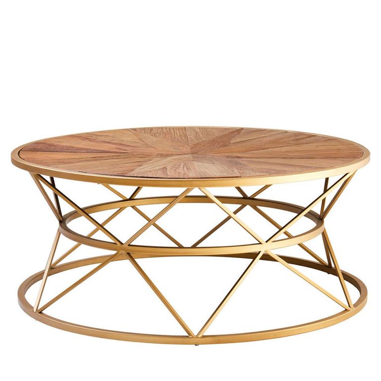 Jodi Coffee Table - Round - Elm Wood and Gold Metal