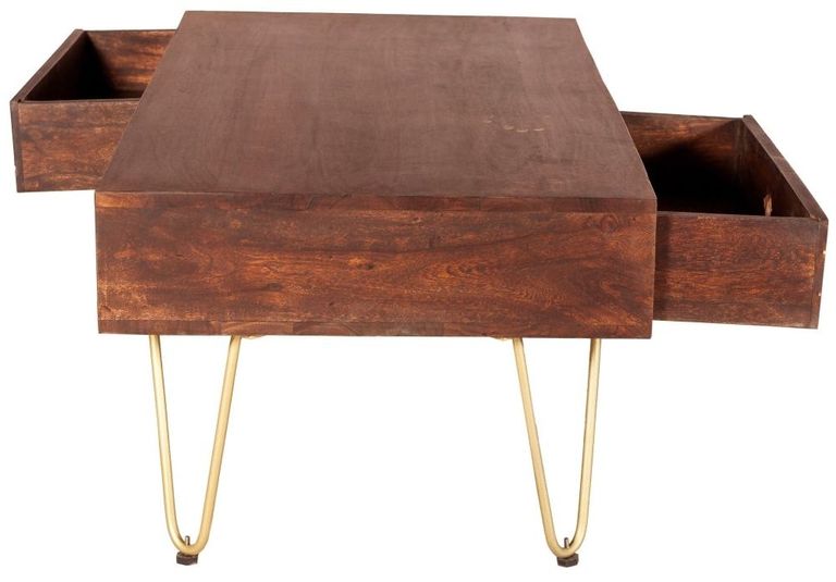 Kaza Dark Mango Wood 1 Drawer Coffee Table - Hairpin Legs with Gold Geometric Inlay