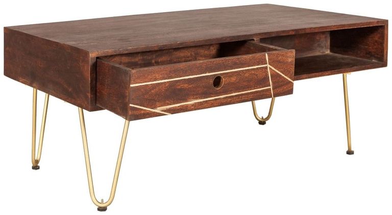 Kaza Dark Mango Wood 1 Drawer Coffee Table - Hairpin Legs with Gold Geometric Inlay