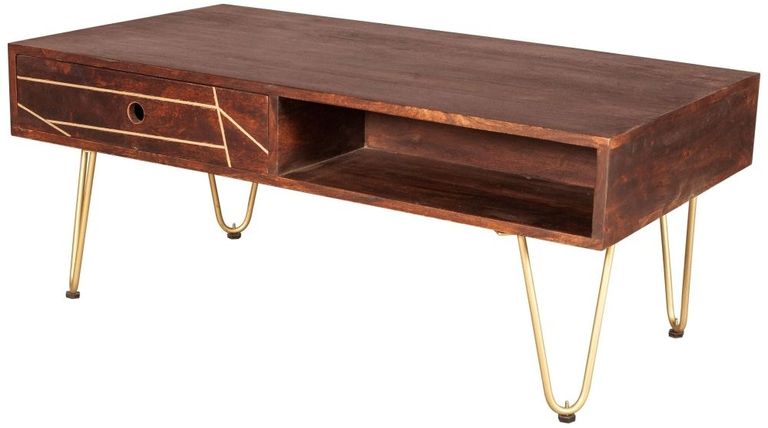 Kaza Dark Mango Wood 1 Drawer Coffee Table - Hairpin Legs with Gold Geometric Inlay
