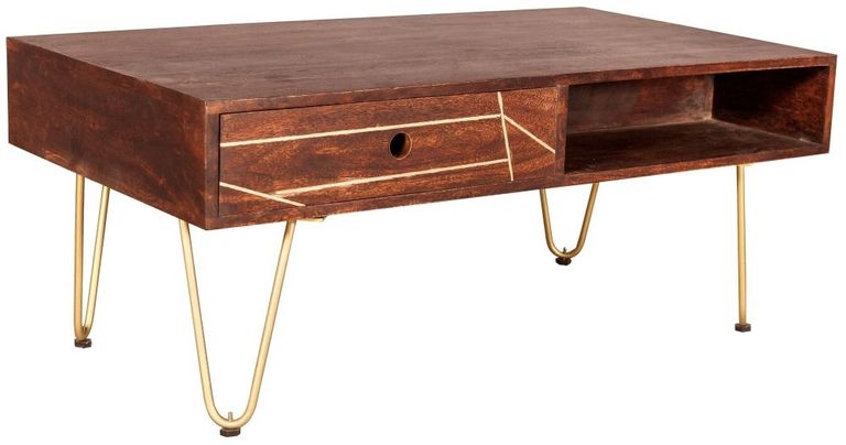 Kaza Dark Mango Wood 1 Drawer Coffee Table - Hairpin Legs with Gold Geometric Inlay