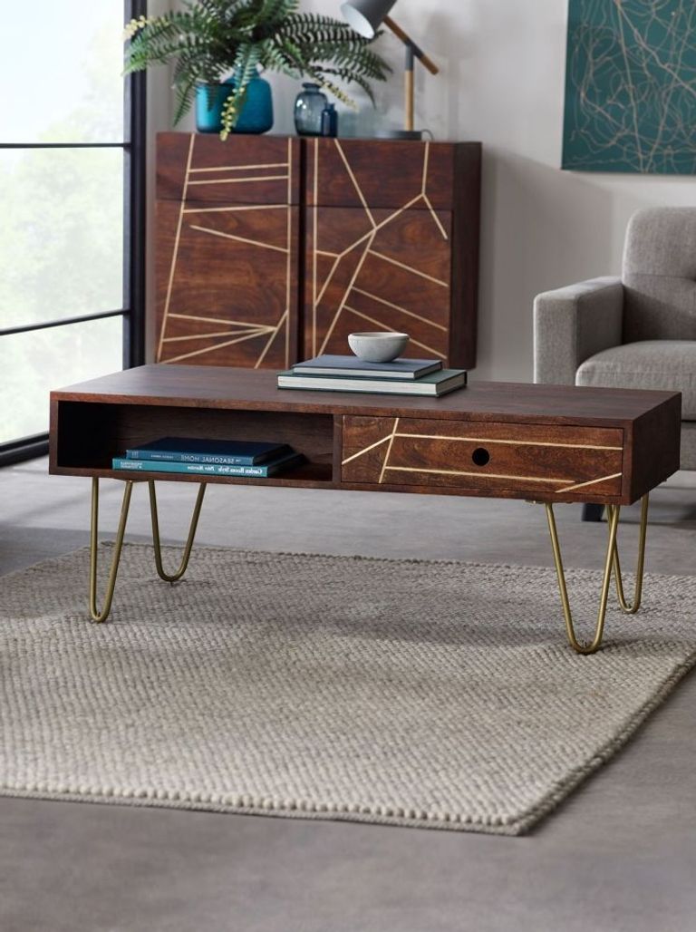 Kaza Dark Mango Wood 1 Drawer Coffee Table - Hairpin Legs with Gold Geometric Inlay