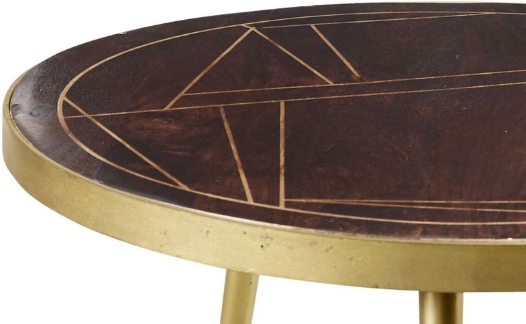Kaza Dark Mango Wood Round Coffee Table - Gold Geometric Inlay