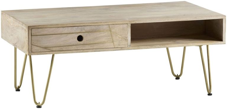 Kaza Light Mango Wood 1 Drawer Coffee Table - Hairpin Legs with Gold Geometric Inlay